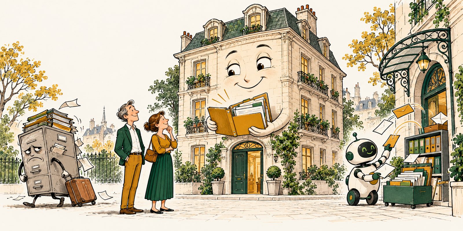Dessin de presse : un immeuble souriant retrouve ses archives avec l’aide d’un petit robot, tandis qu’un classeur fatigué part avec sa valise