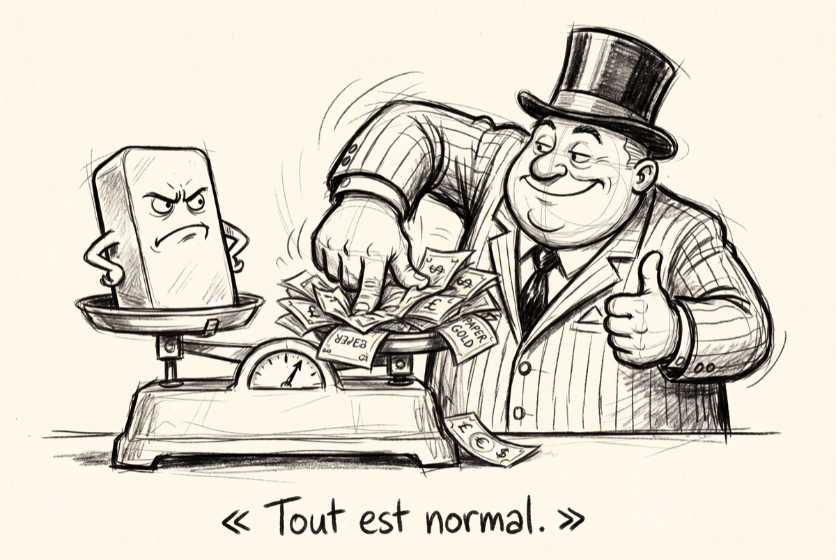 Caricature : « Le Marché » truque la balance de l'or face à un lingot furieux — « Tout est normal. »